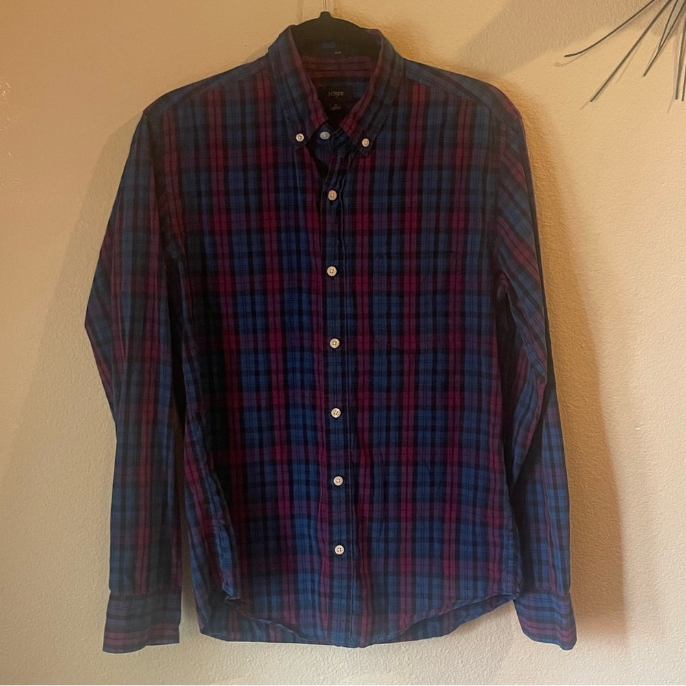 J. Crew Navy and Burgundy Plaid Button Down Shirt